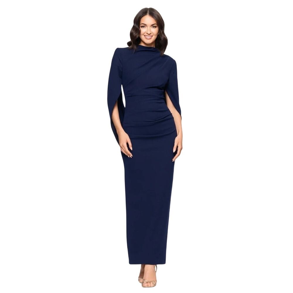 Betsy & Adam Evelina Gown Womens 14 Navy Cape Sleeve Ruched Formal Maxi NWT